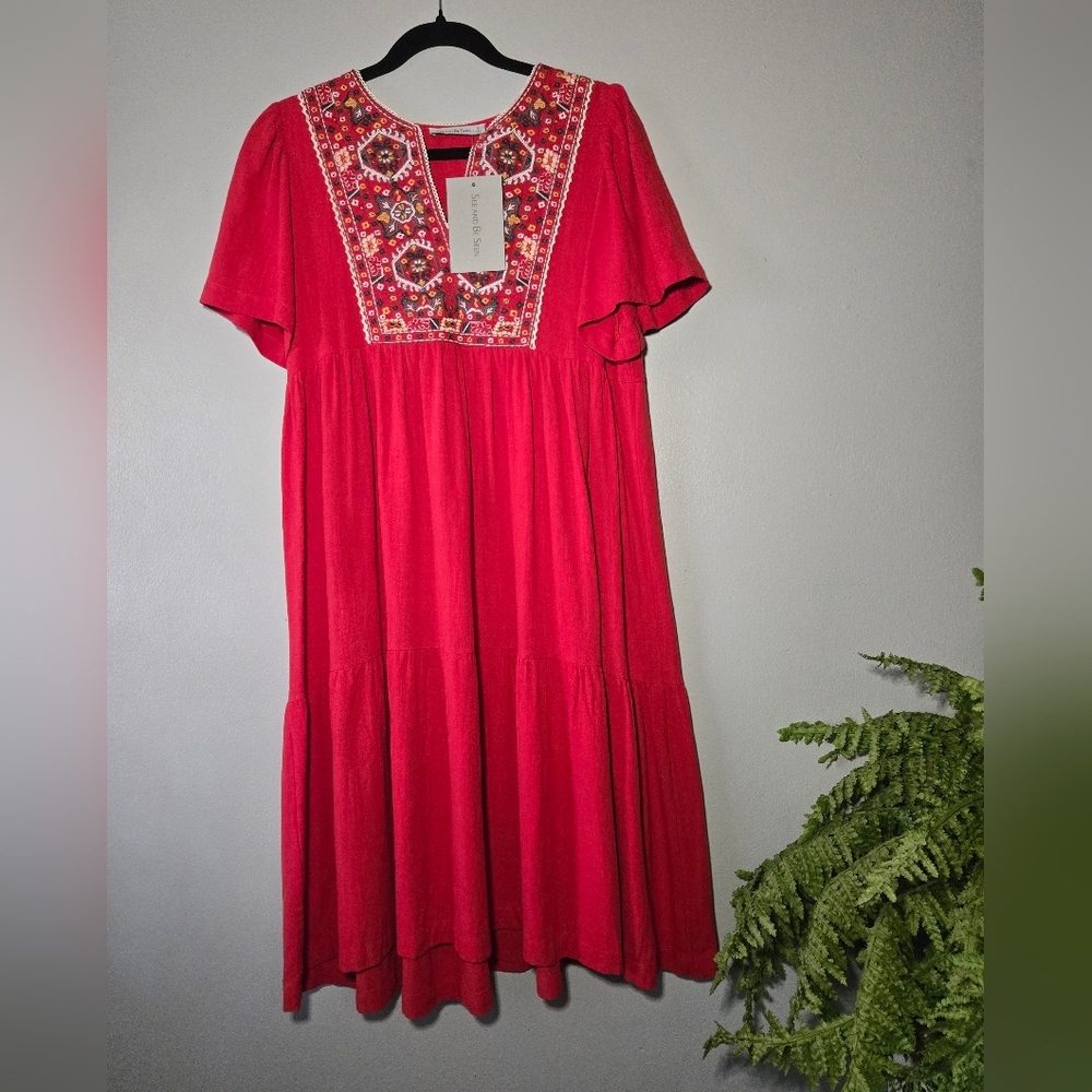 See and Be Seen Red Embroidered Linen Boho Midi Dress – Size Small, NWT - Picture 2 of 7